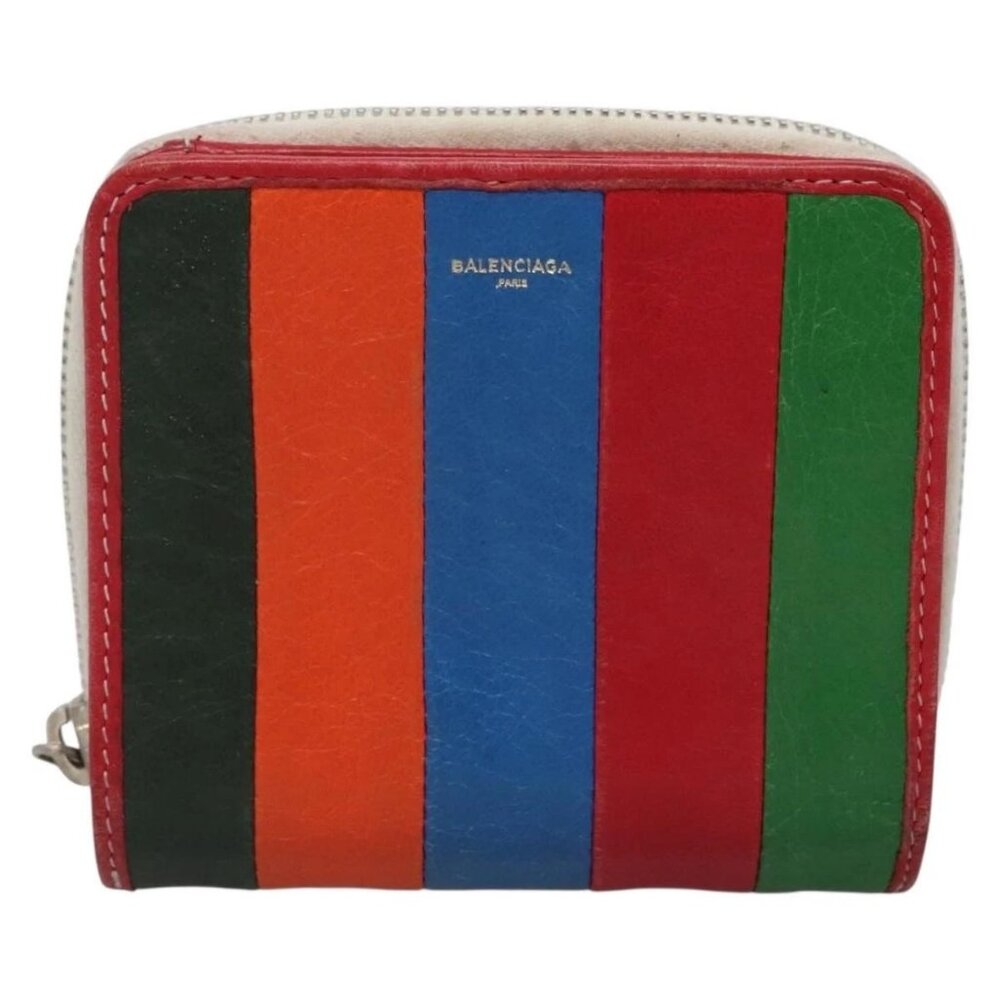 BALENCIAGA Bifold Wallet Leather Red Silver Auth